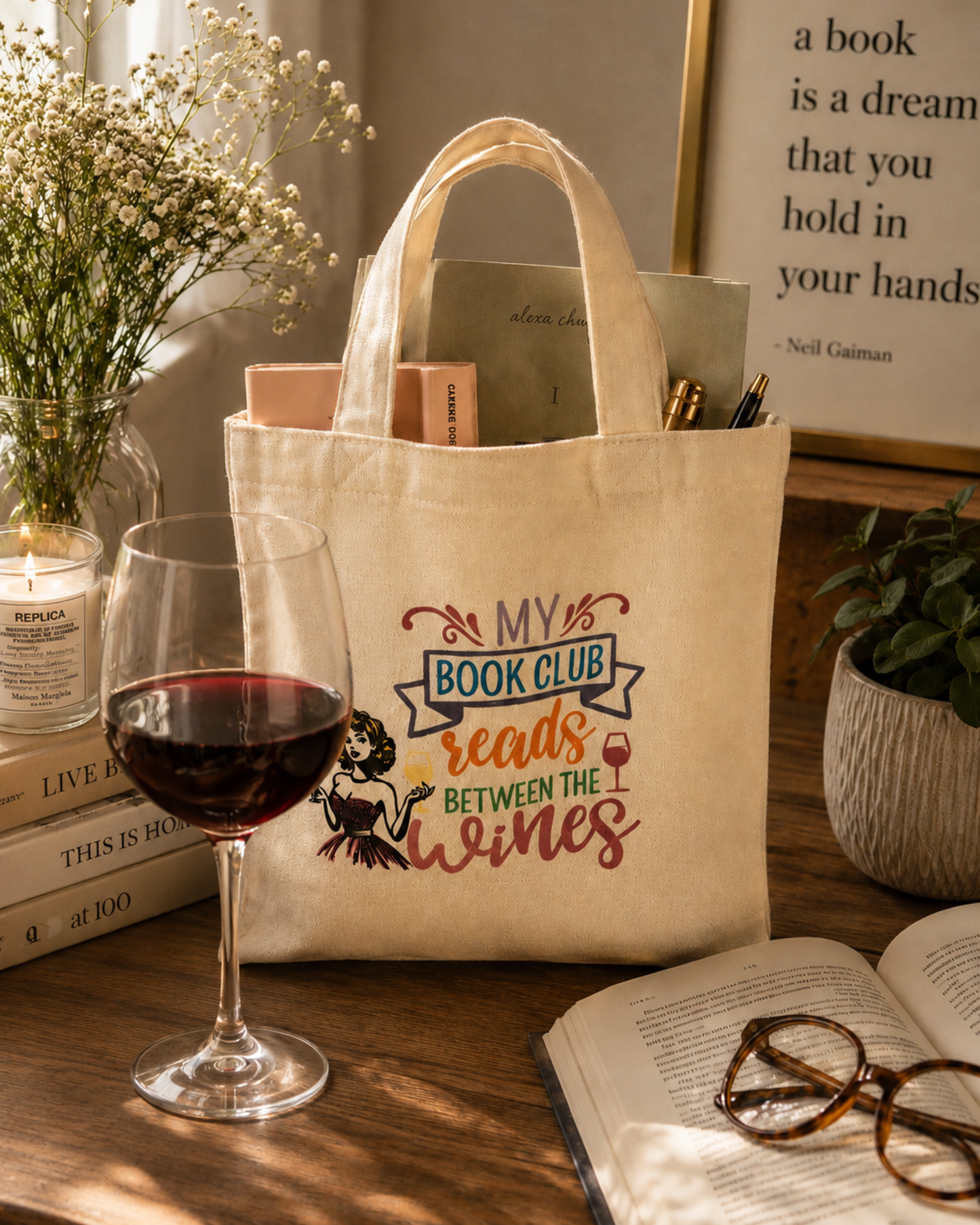 Tygpåse (24x24cm) - My book club reads between the wines