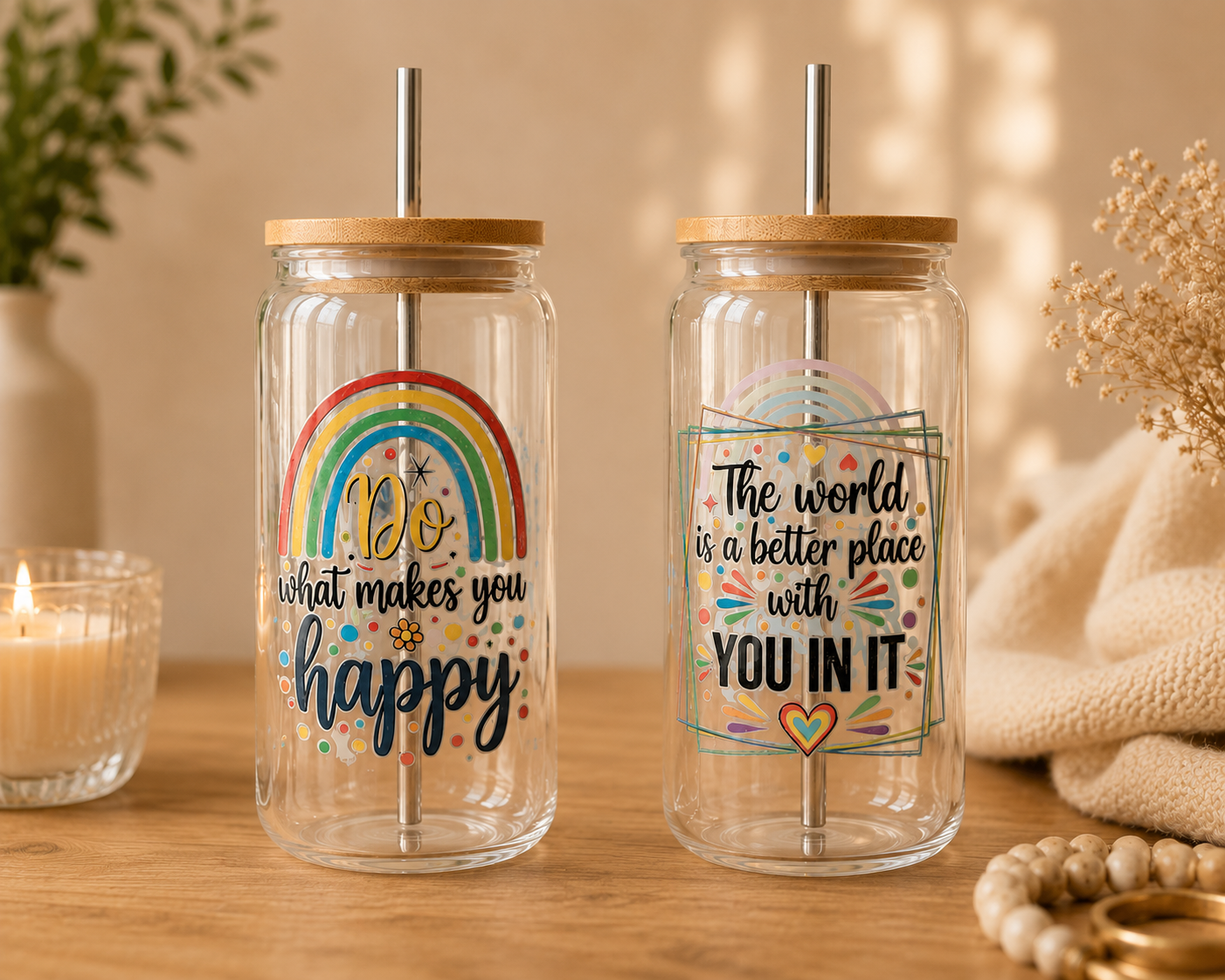 Dryckesglas med bambulock & sugrör – The world is a better place with you in it