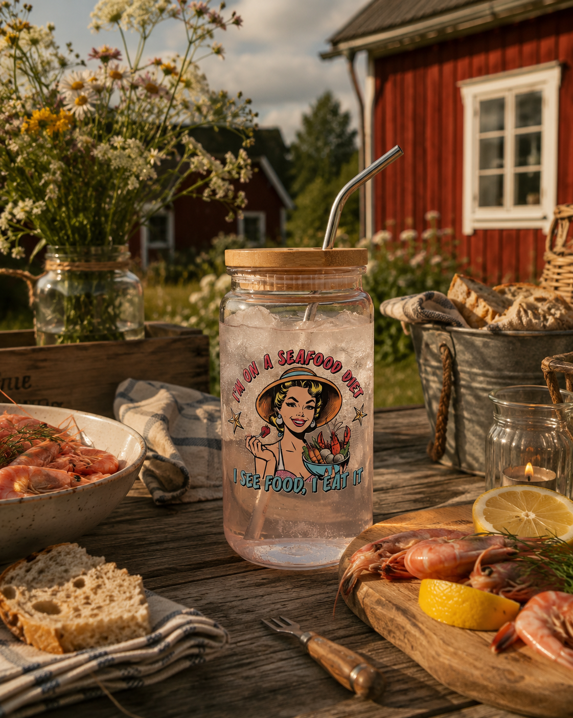 Dryckesglas med bambulock & sugrör – I'm on a seafood diet, I see food, I eat it