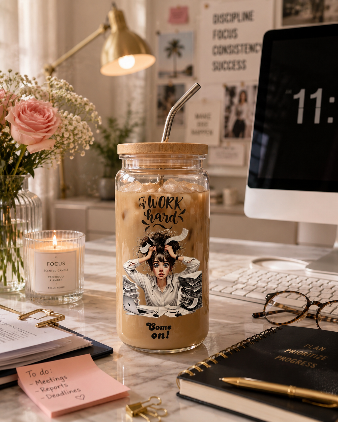 Dryckesglas med bambulock & sugrör – Work hard, come on