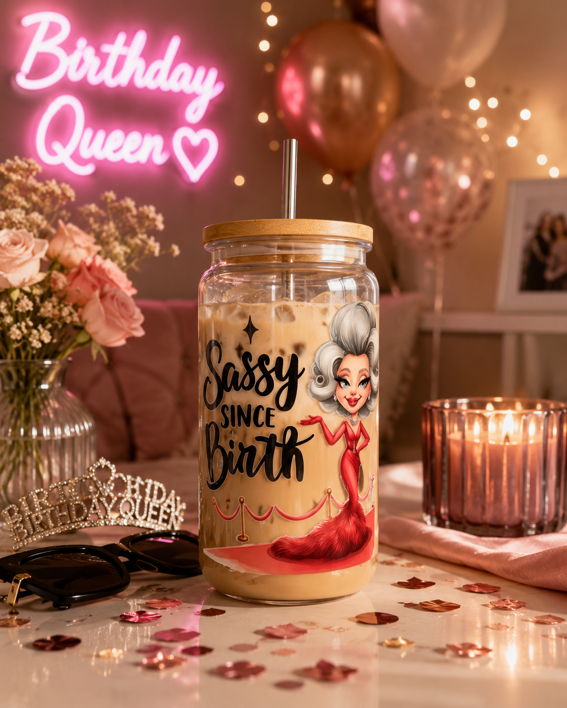 Dryckesglas med bambulock & sugrör – Sassy since birth
