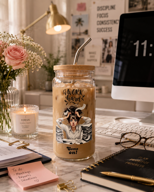 Dryckesglas med bambulock & sugrör – Work hard, come on